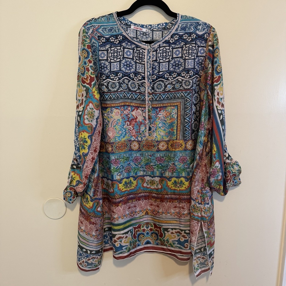 Johnny Was 100% Silk Patchwork Tunic Women's Size Petite L LP Boho Hippie Career - Picture 2 of 12
